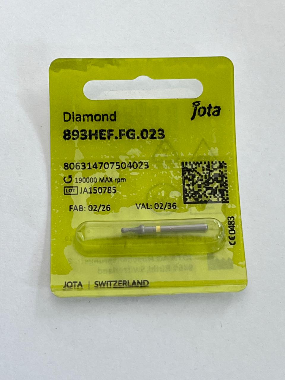 Fresa de diamante anatómica marca Jota 853HEF.FG023 forma cacahuate conocida como punta de gota grano extra fino -Cinta amarilla-