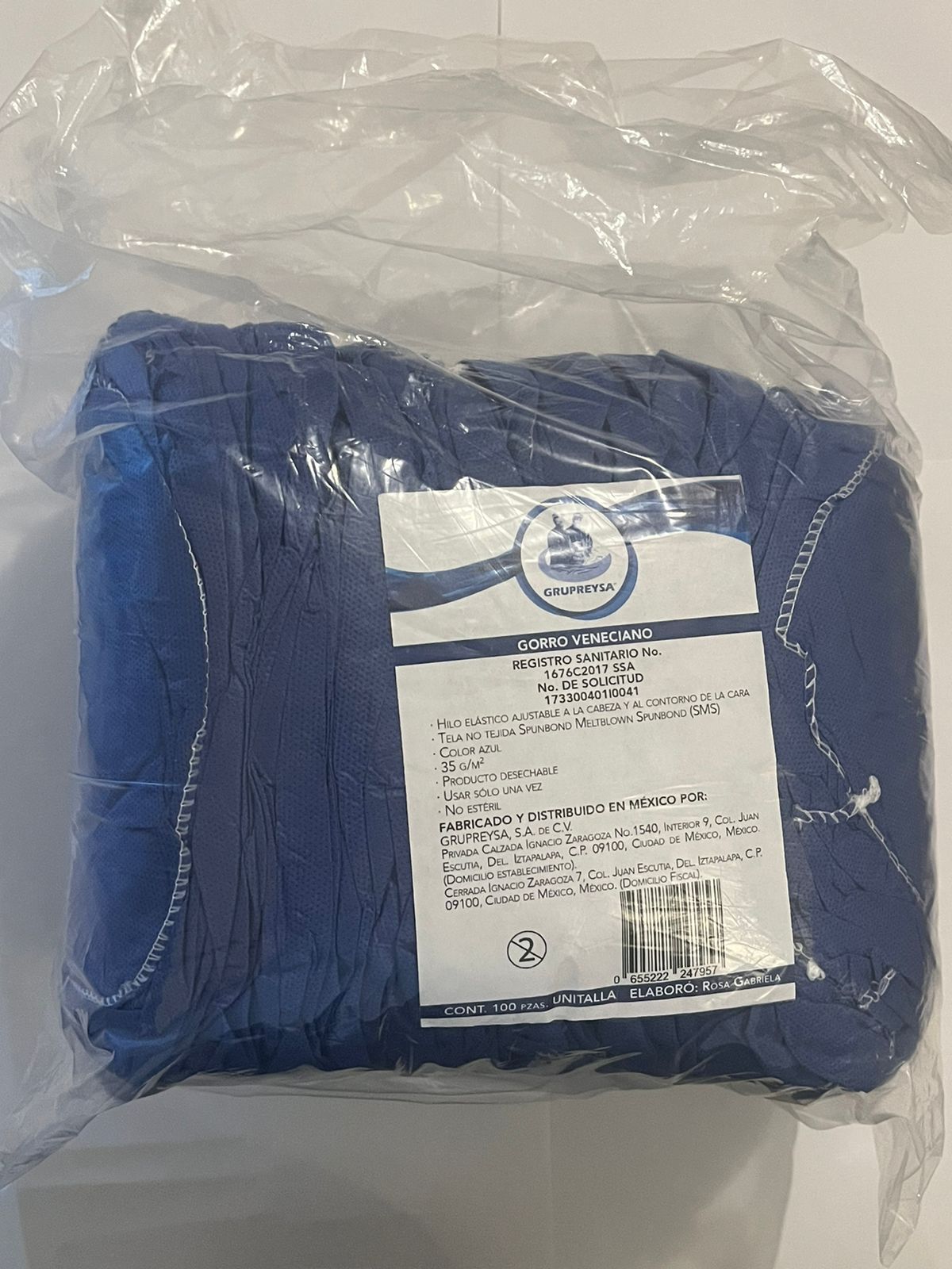 Gorro veneciano sms de 35 grs azul paquete con 100 piezas