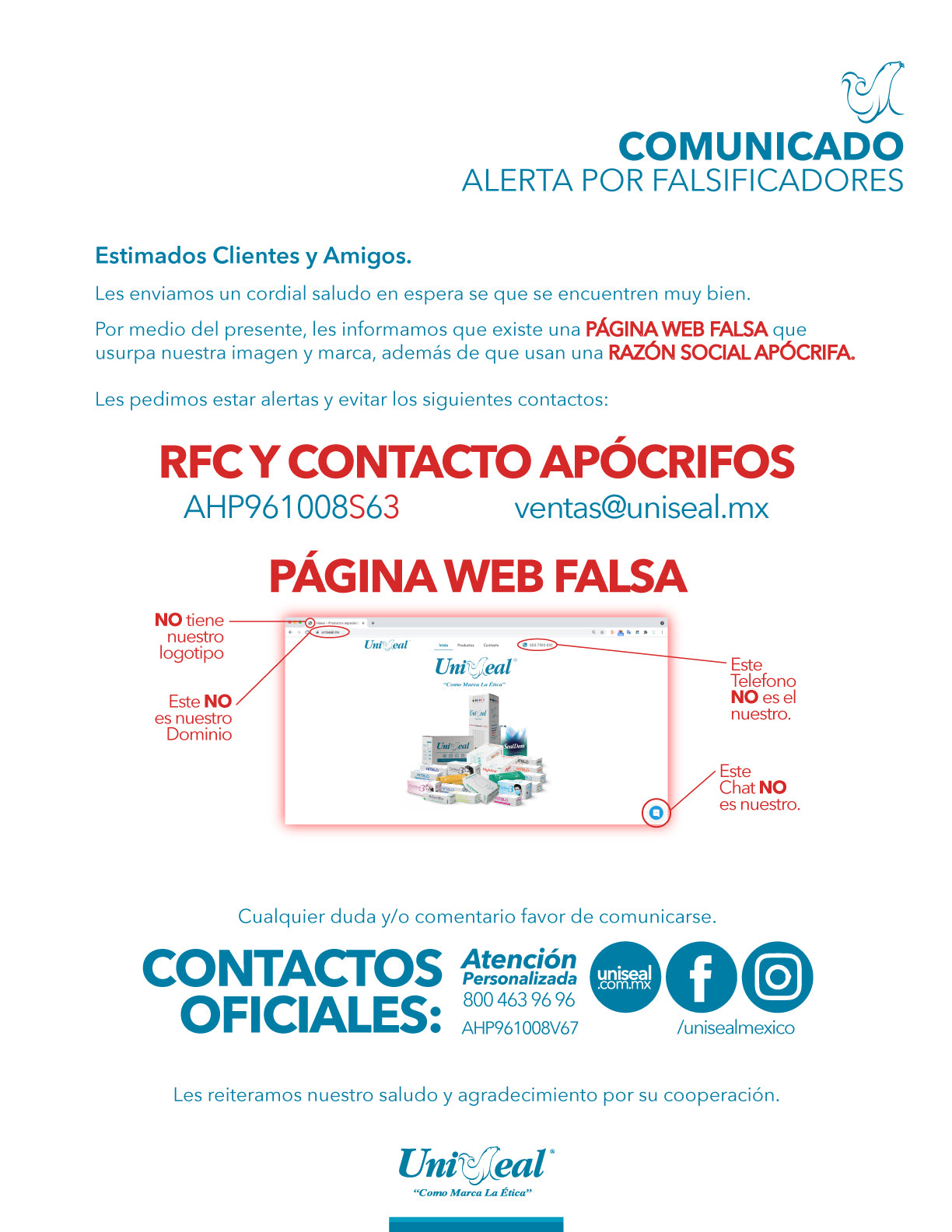 Comunicado: uniseal alerta sobre web falsa