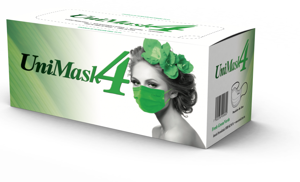 Cubrebocas unimask4 caja con 50 piezas color verde fresco
