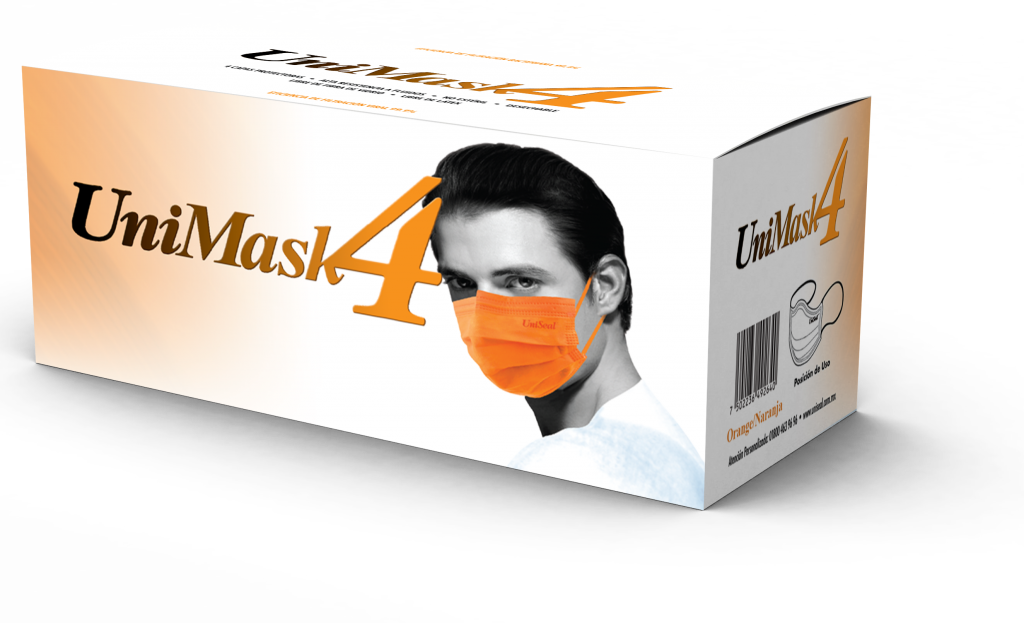 Cubrebocas unimask4 caja con 50 piezas color naranja