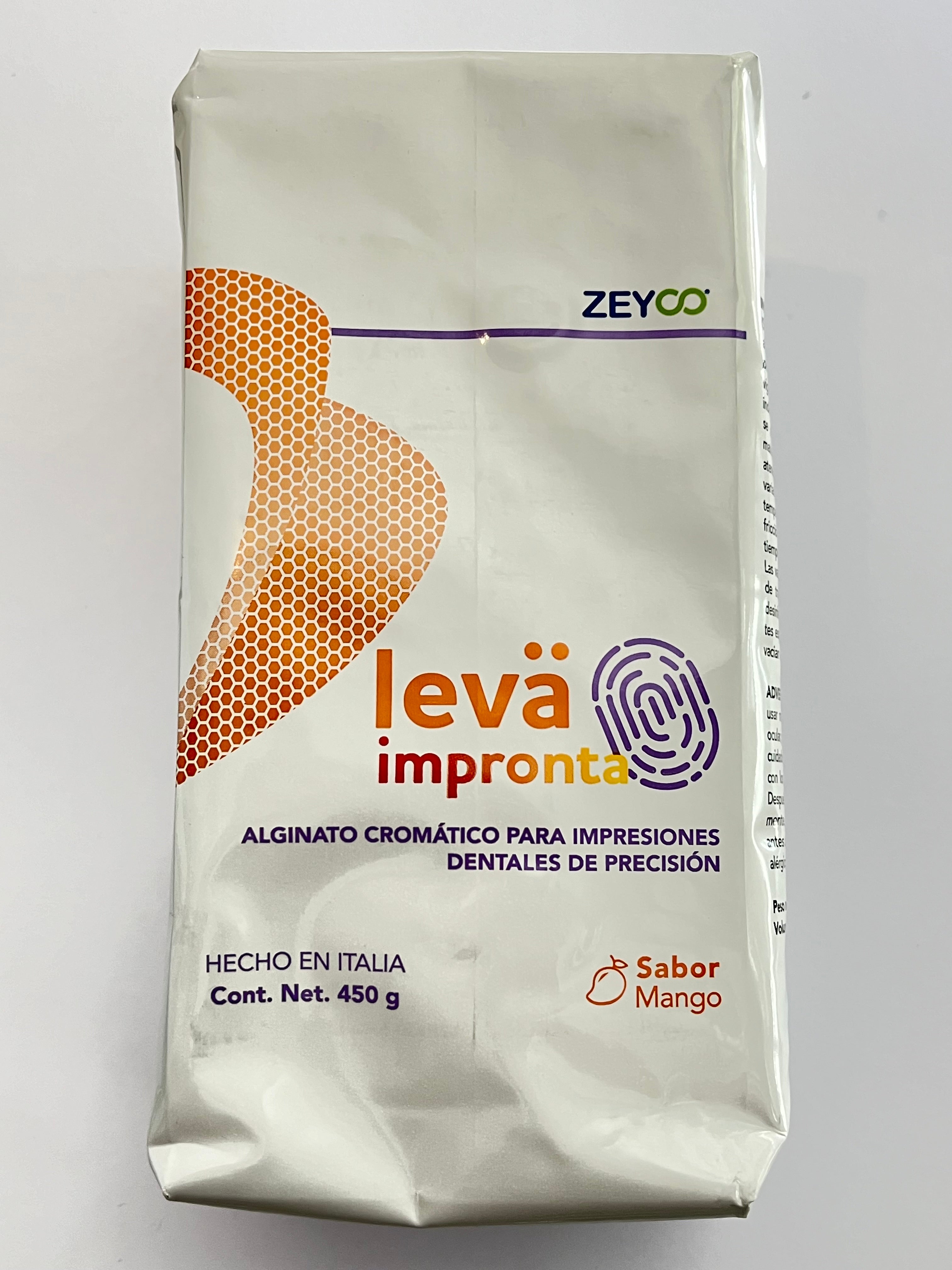 Leva impronta 450 gramos alginato cromático marca zeyco tipo 1 sabor mango