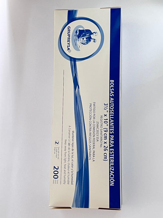 Bolsa para esterilizar 3 1/2" x 10" (9cm x 26cm) con 200 piezas grupreysa