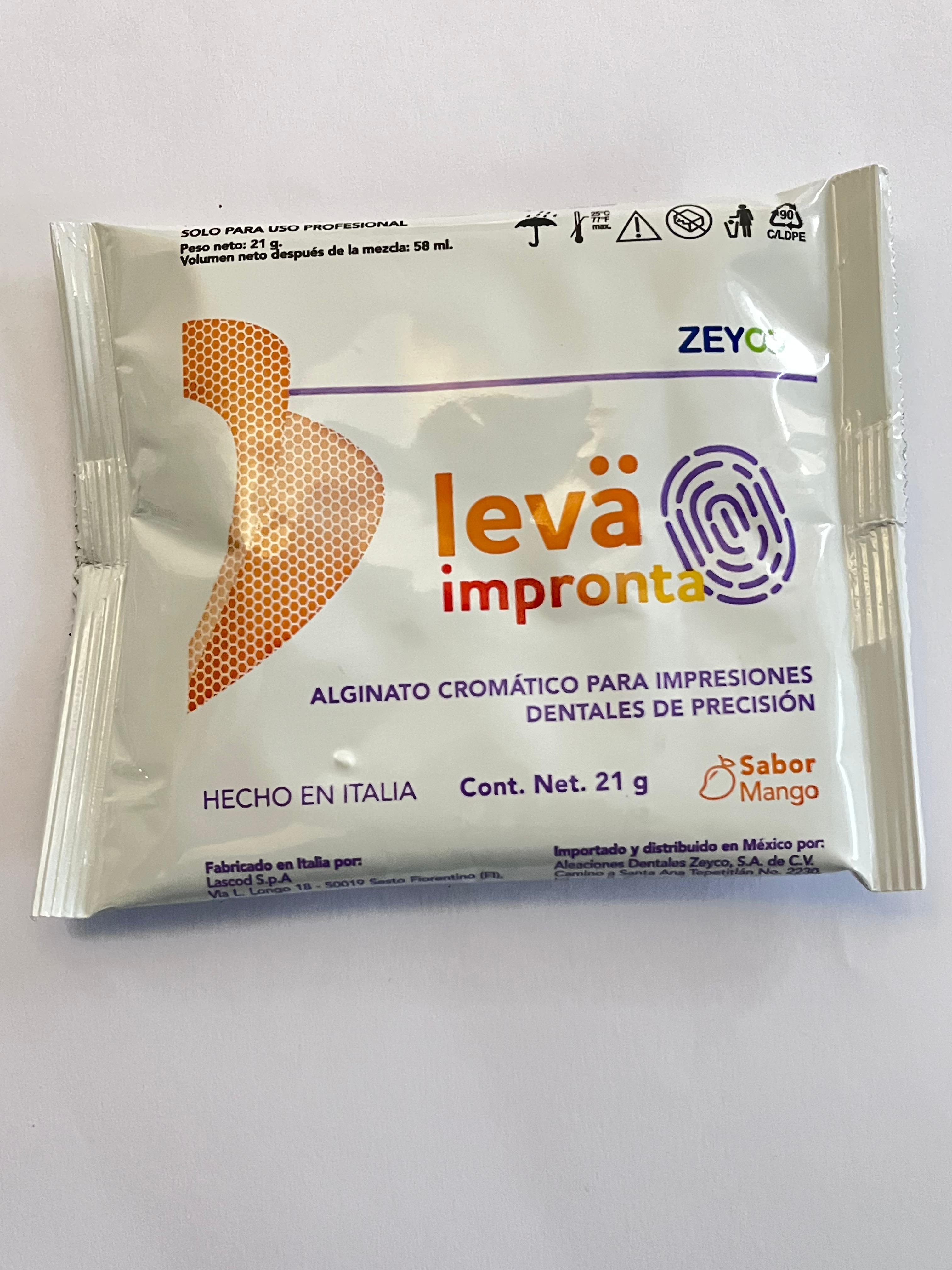Leva impronta 21 gramos alginato cromático marca zeyco tipo 1 sabor mango