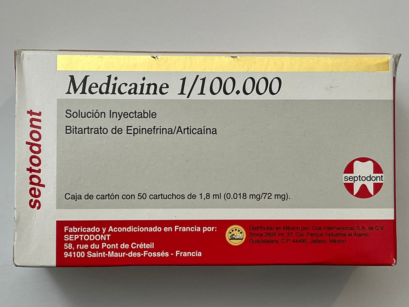 Anestesia medicaine 1/100.000 caja con 50 cartuchos