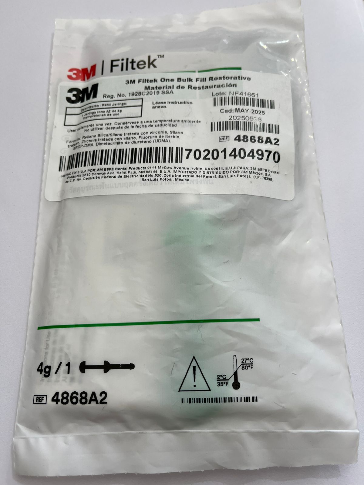 Jeringa resina one bulk fill 4 gramos color A2 marca 3M